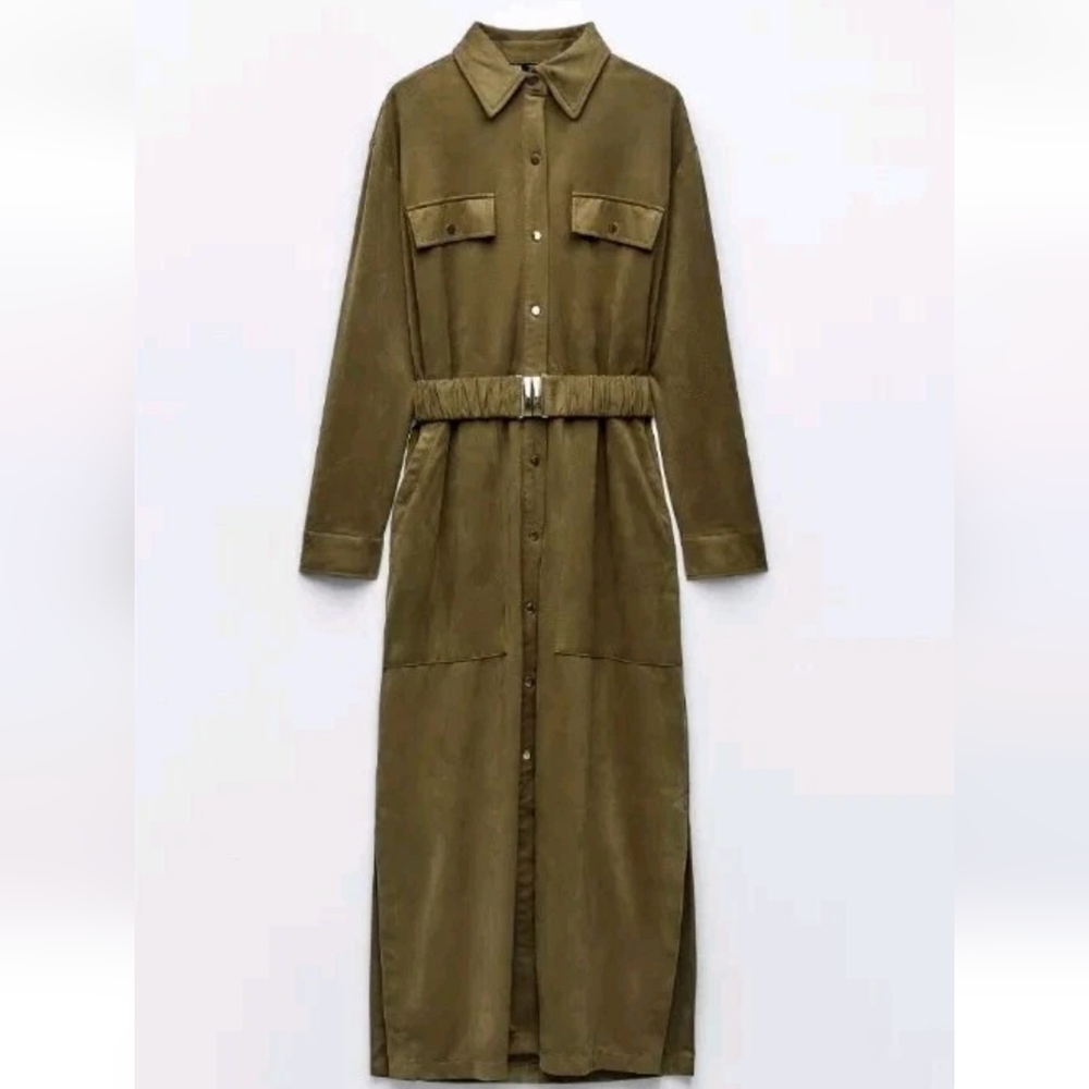 ZARA NWT Army Green Faux Suede Belted Midi Dress Size Small 8073/245/505